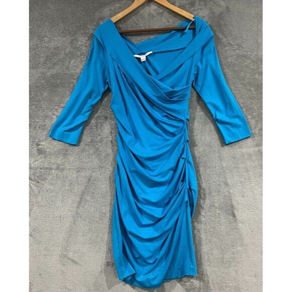 Diane Von Furstenberg Bentley Turquoise Stretch Ruched Faux Wrap Dress Sz M - Picture 3 of 10